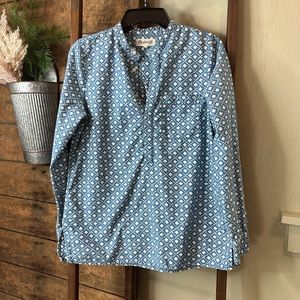 Madewell Tiled Cotton Mandarin Collar Tunic Shirt Blue Ivory size M EUC